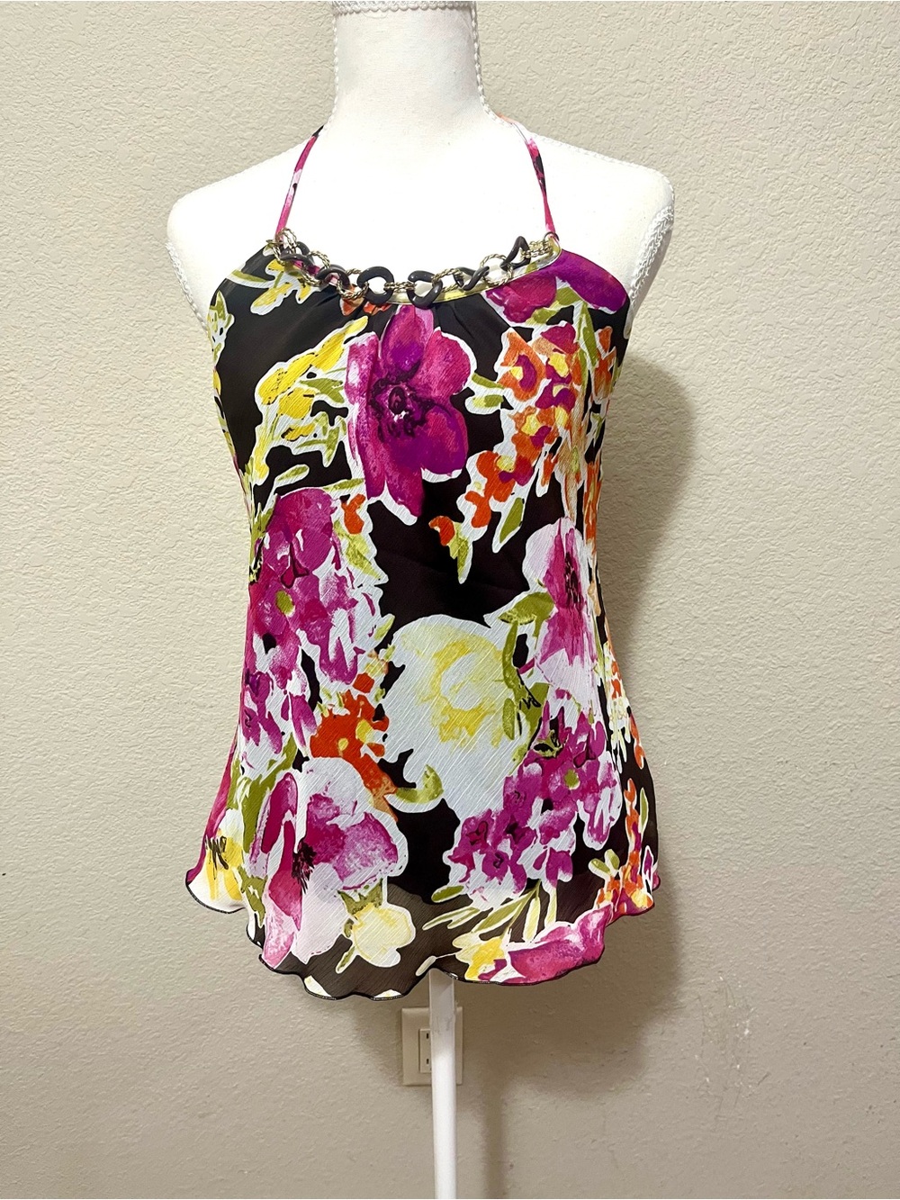 Floral Halter Satin Tank Top   - Black with Pink & Yellow